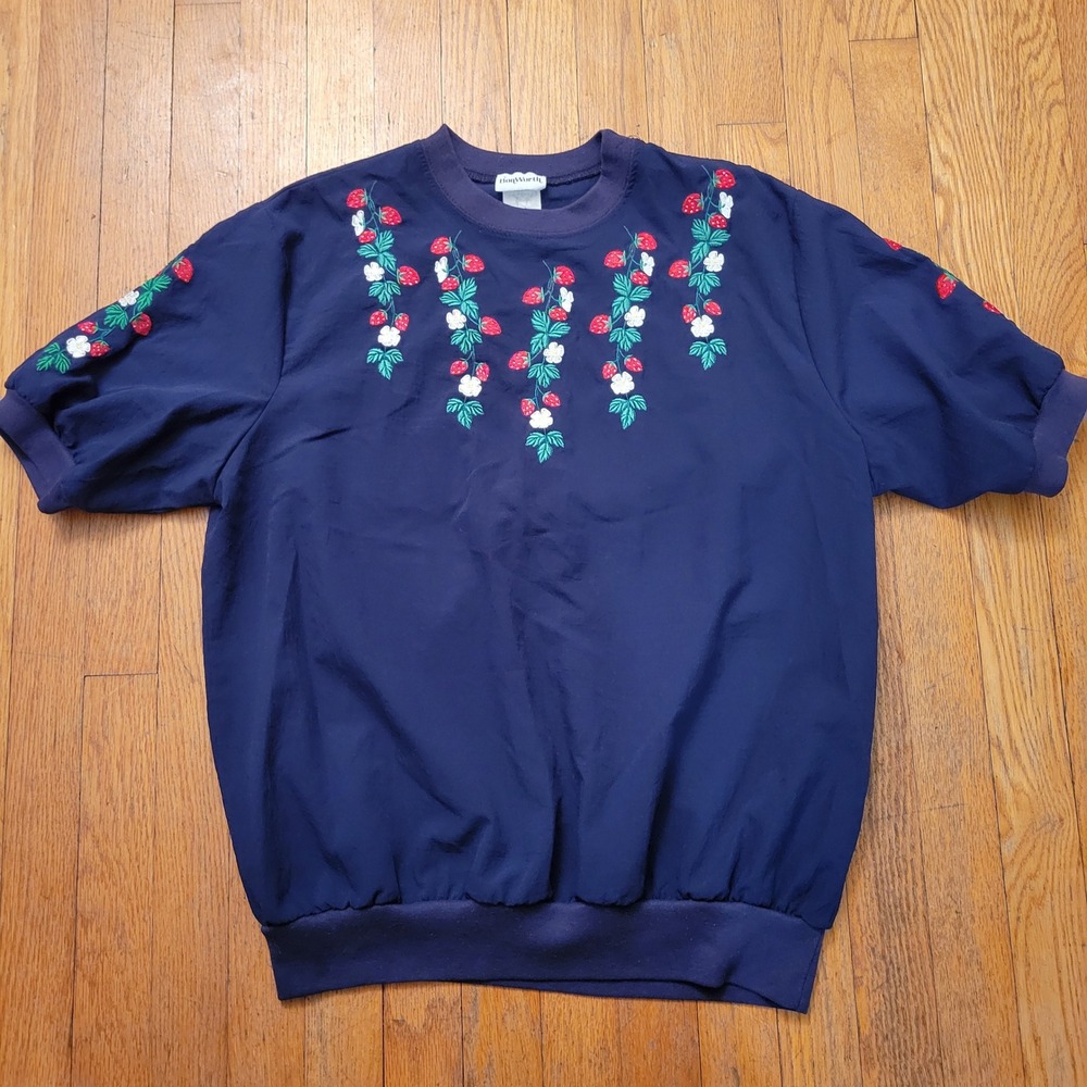 BonWorth M Navy Blue Strawberry Embroidered Short Sleeve Top Vintage Cottage